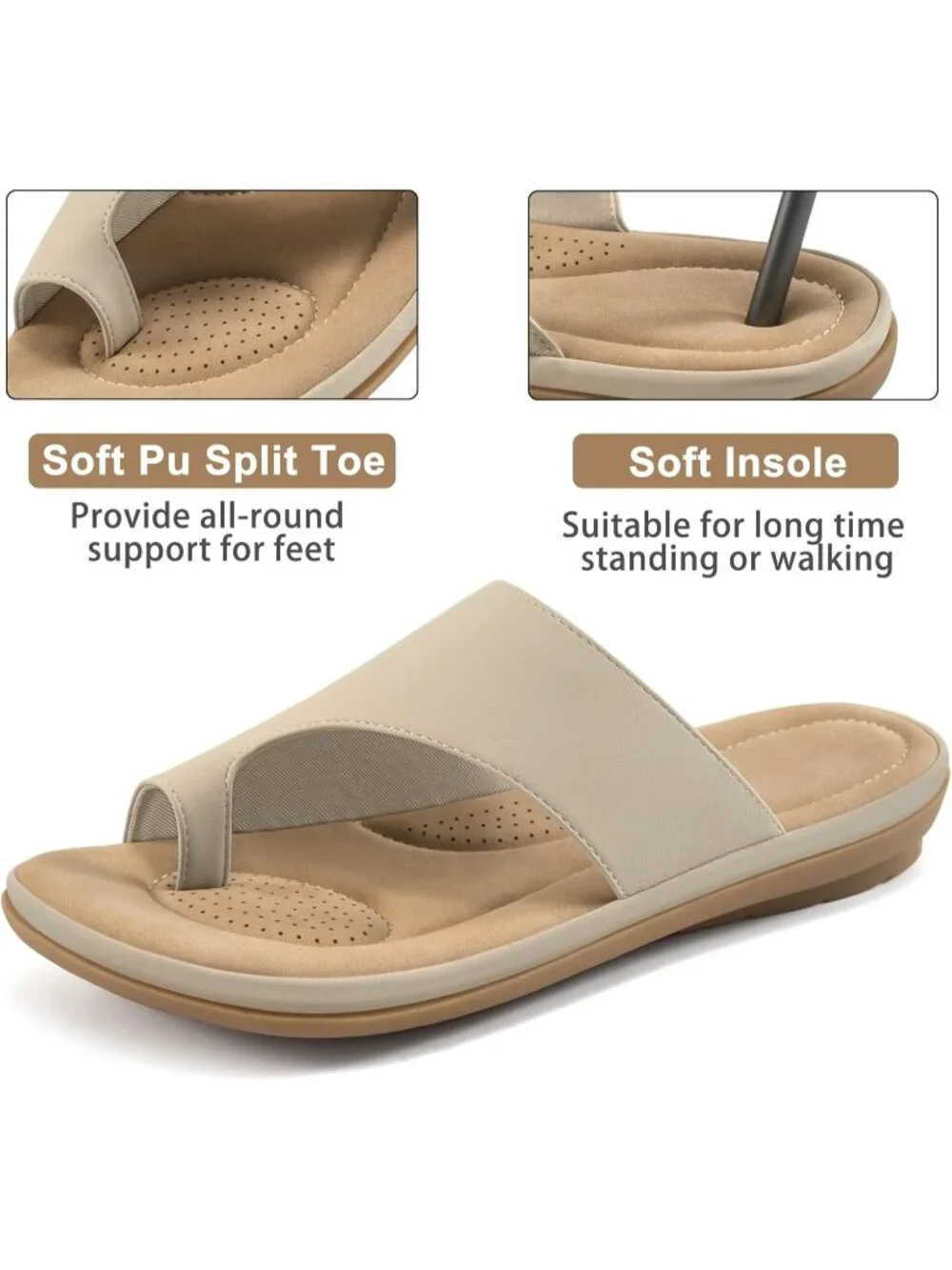 Women's Beige Flat Sandals Comfortable Walking Dressy Slides Casual Shoes